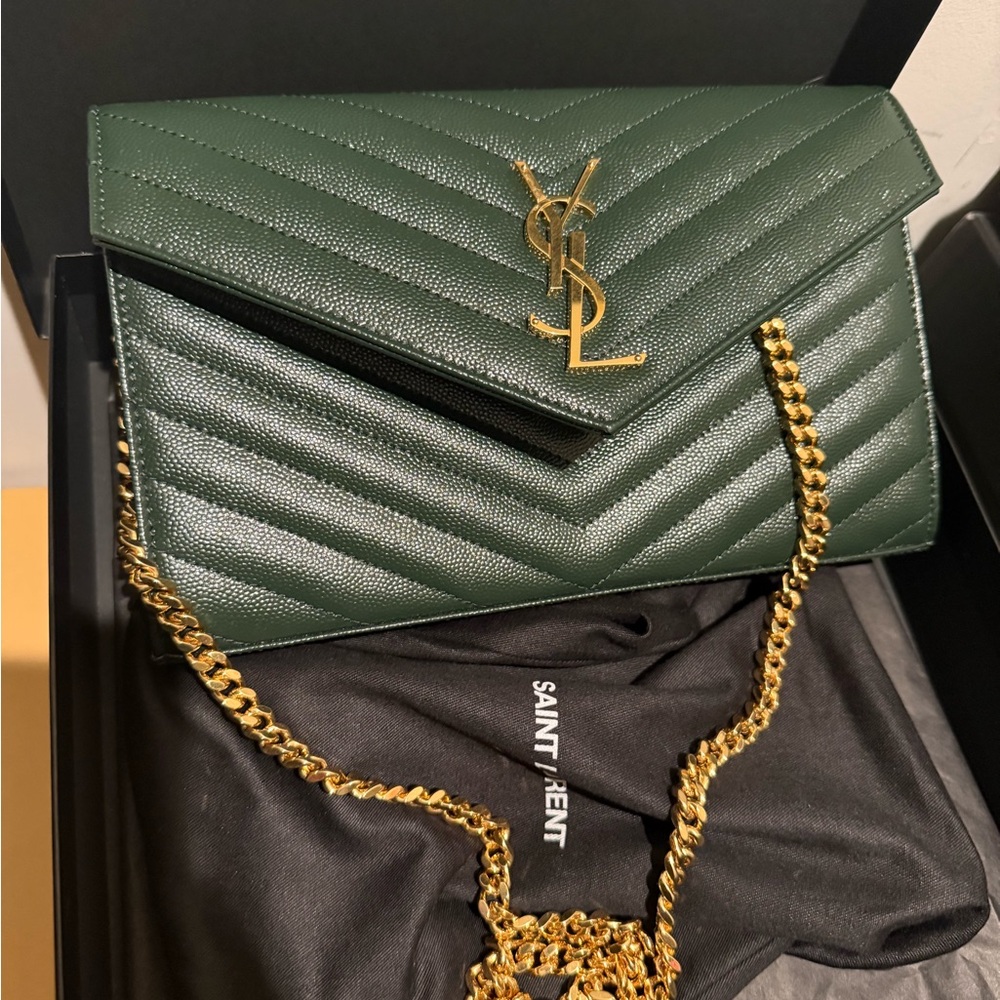 Saint Laurent Green Quilted Envelope Chain Bag with Gold Hardware